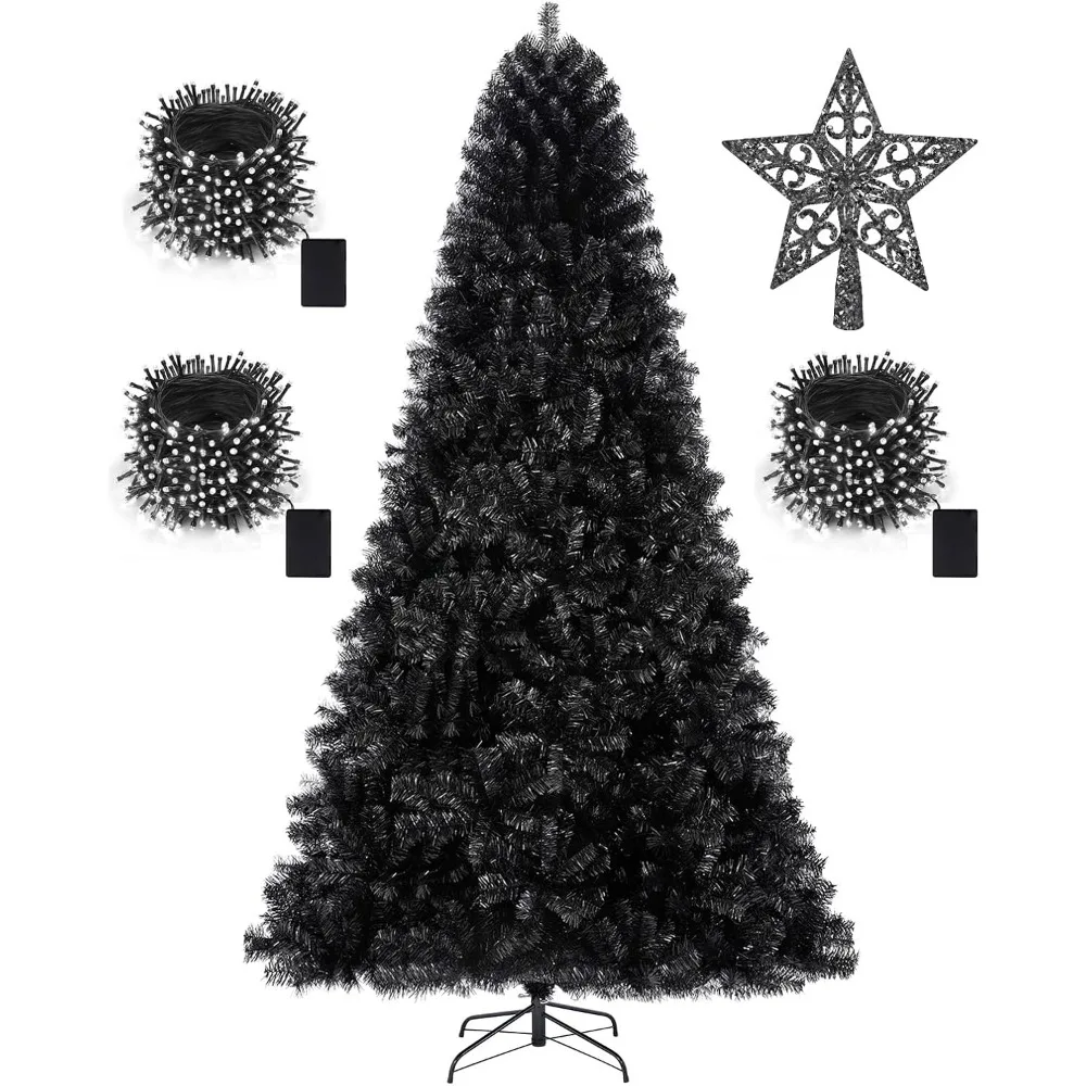 7.5ft Black Christmas Tree Artificial Christmas Tree Halloween Tree Decorations with 1,450 Tips-1pcs Treetop Star 3 Set 300 Led