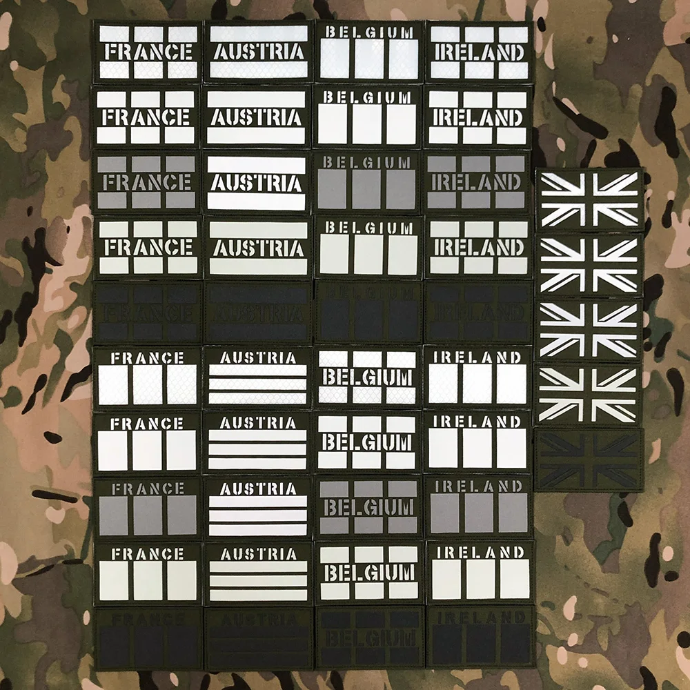 Green OD Laser Cut IR IFF Infrared Reflection, Luminous Flag Patch, France, Austria, Belgium, Ireland, UK