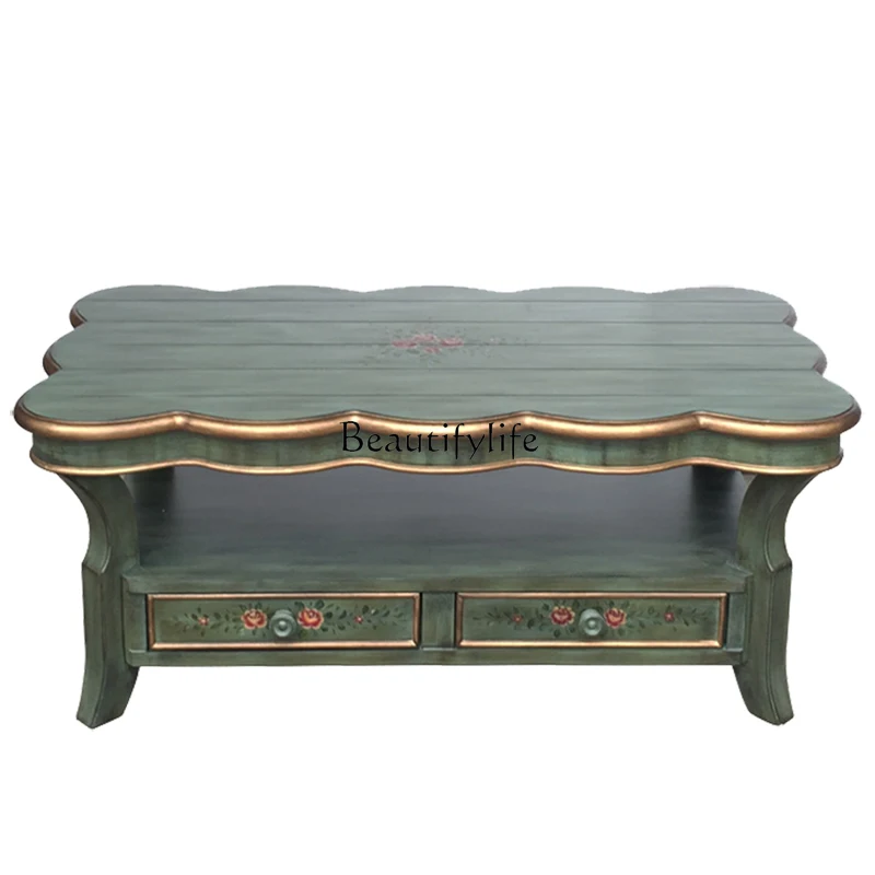 

Mediterranean Painted Coffee Table Living Room Rectangular Distressed American Retro Furniture Coffee Table