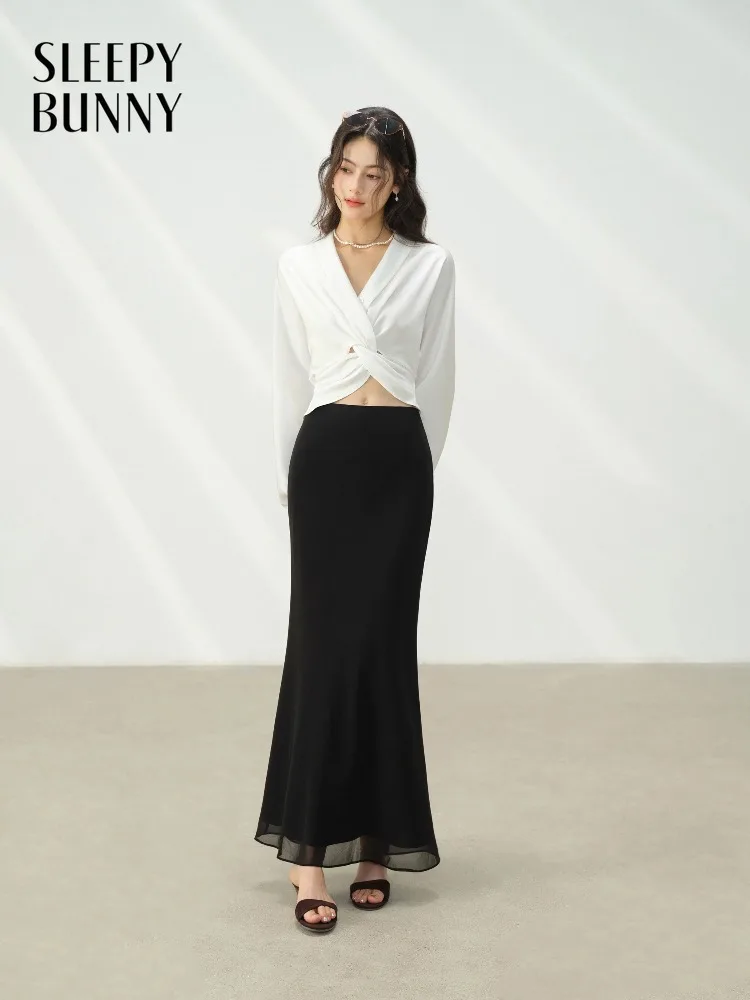 

Black Chiffon Maxi Skirt for Women High Waist Elastic Waistband Slim Fit Mermaid Long Skirt | Elegant French Style Autumn Outfit