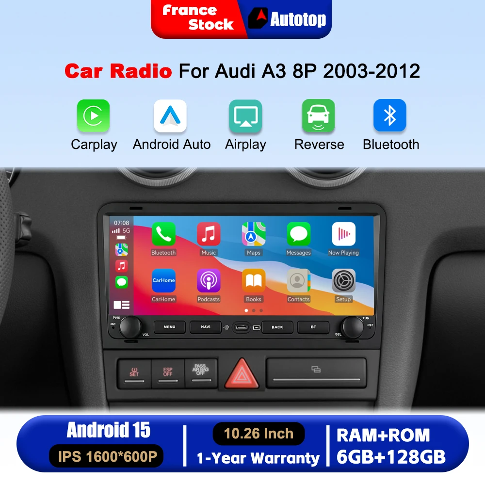 Android 15 Wireless Carplay Android Auto 10.26 Inch Car Radio Screen Stereo For Audi A3 8P S3 2003-2012 8core 6+128GB 4G DSP RDS Multimedia GPS Navigation Video Player Touch Screen With Online YouTube Airplay Autolink MirrorLink WiFi Bluetooth