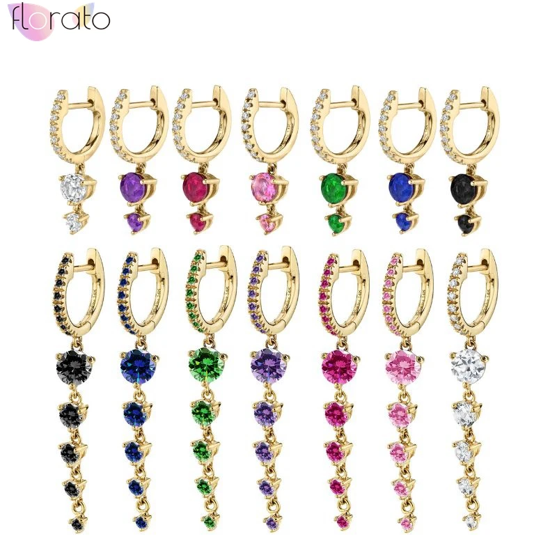 

925 Sterling Silver Needle Water Drop Round Zircon Pendant Hoop Earrings For Women Luxury Colorful Crystal Gold Earrings Jewelry