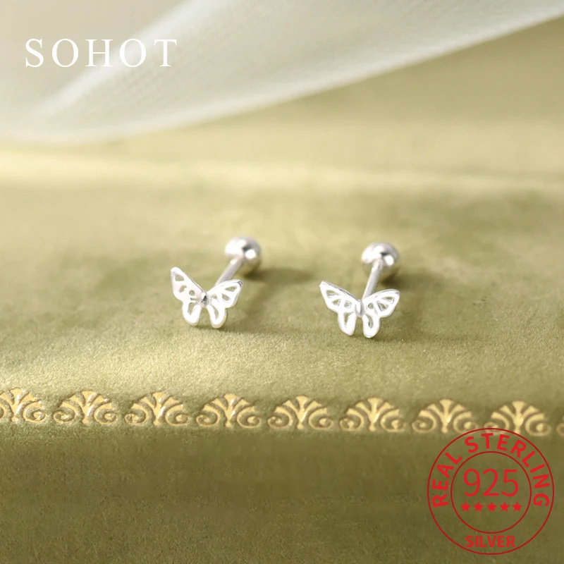 

Real 925 Sterling Silver Piercing Screw Bead Mini Butterfly Stud Earrings for Women Fine Jewelry Exquisite Animal Accessories