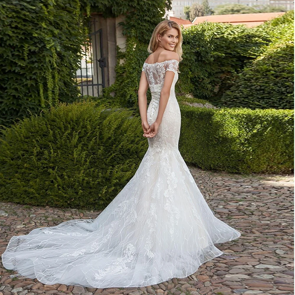 Nowoczesne suknie ślubne bez ramiączek z koronką 2025, suknie ślubne typu syrena dla kobiet, z krótkim rękawem, z odkrytymi ramionami, Vestido De Novia 2025
