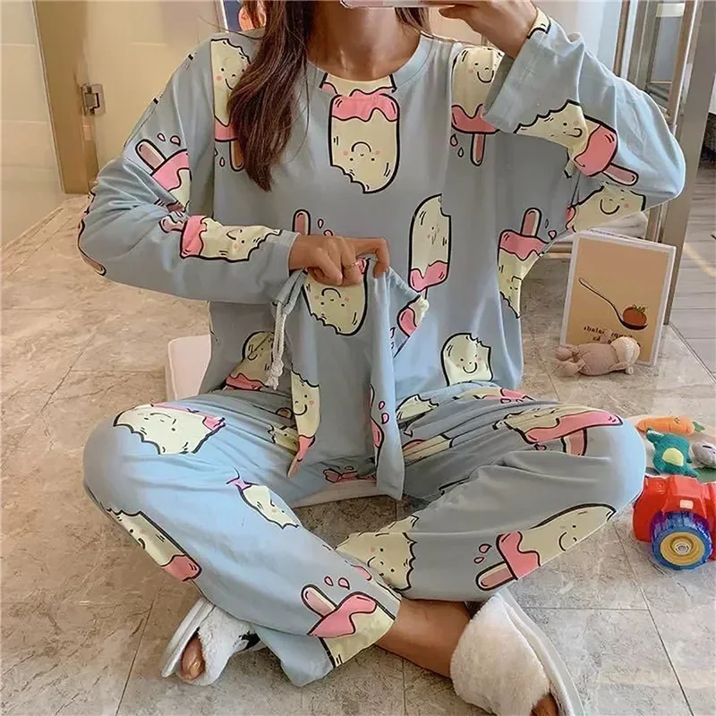 Ropa de dormir de primavera de dos piezas para mujer, pijama estampado, ropa interior larga de dibujos animados, conjunto bonito de zanahoria, nuevos conjuntos de manga