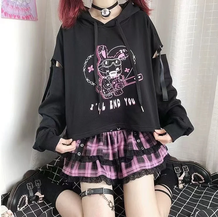 Japanese Y2k Hollow Out Print Hooded + Lace Plaid Cake Short Skirt 2 Piece Sets Women Cartoon Cute Harajuku Girls Outfit