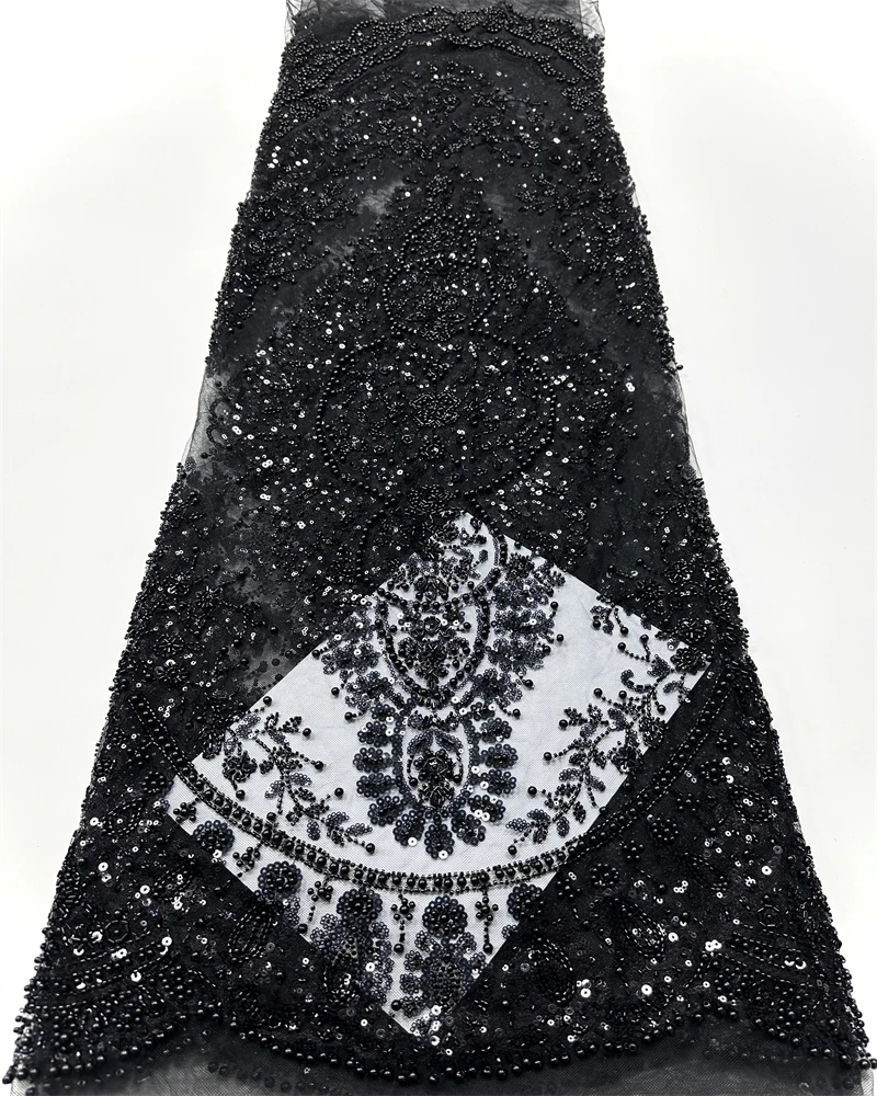 High Quality African French Handmade Bead Fabric 2025 Sewing Sequins Embroidery Nigeria Lace Fabric for WeddingGreen High,