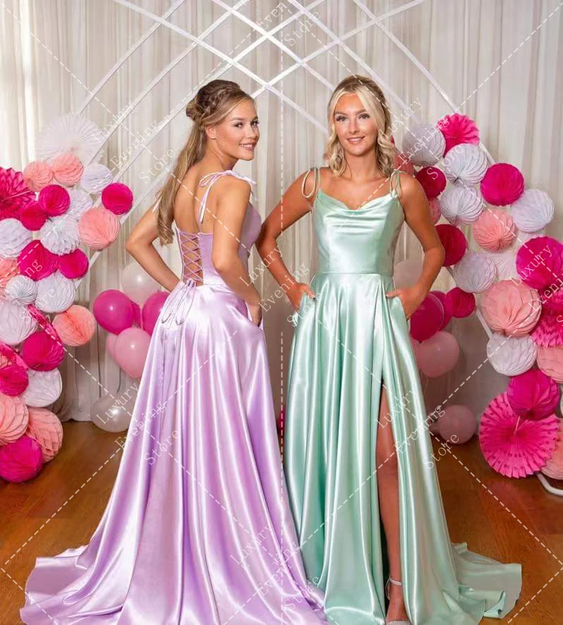 Splendidi abiti da sera senza schienale A Line da donna Sexy Side High Split Smooth Satin abiti da ballo eleganti formali Vestidos De Fiesta