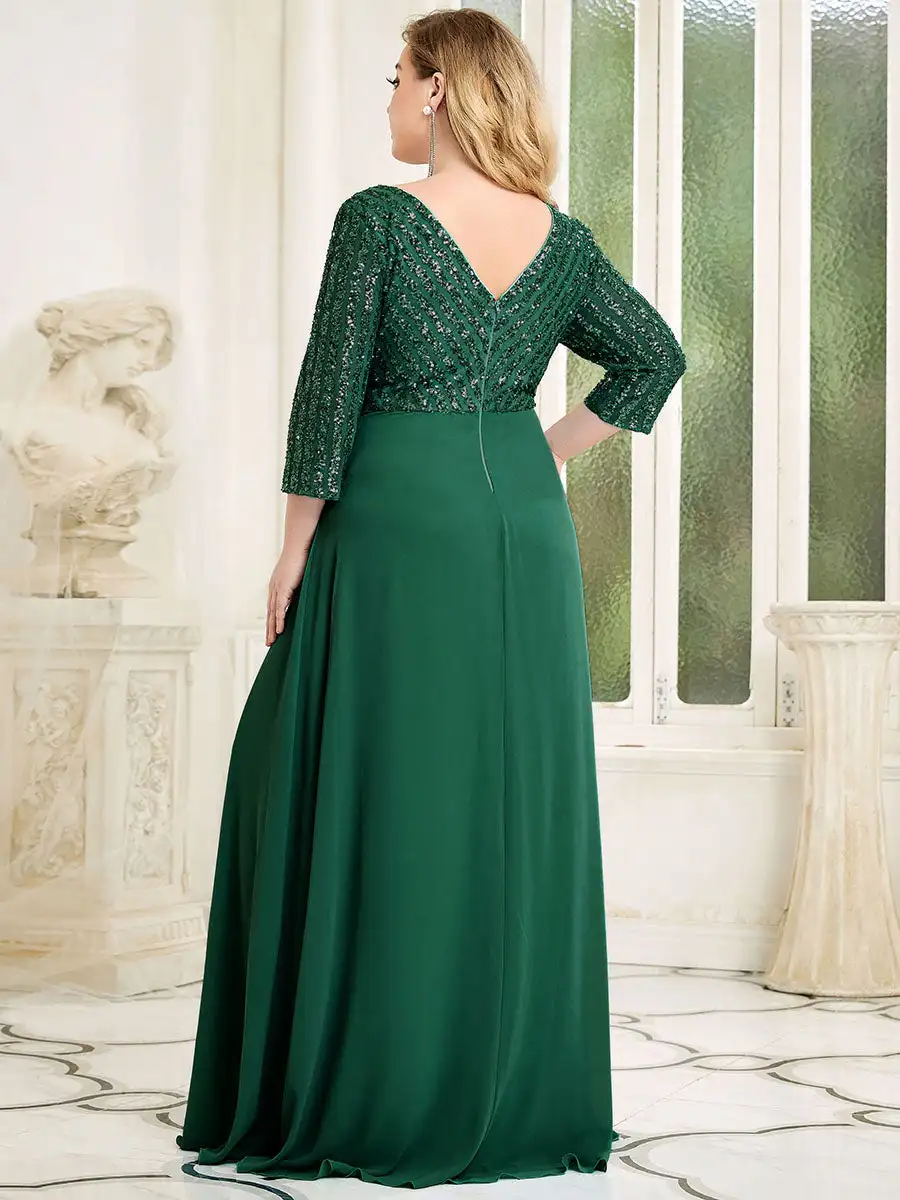 Plus Size Prom Dresses Long Sexy V Neck A-Line Sequin With 3/4 Sleeve 2025 ever pretty of Dark Green Bridesmaid dress Women