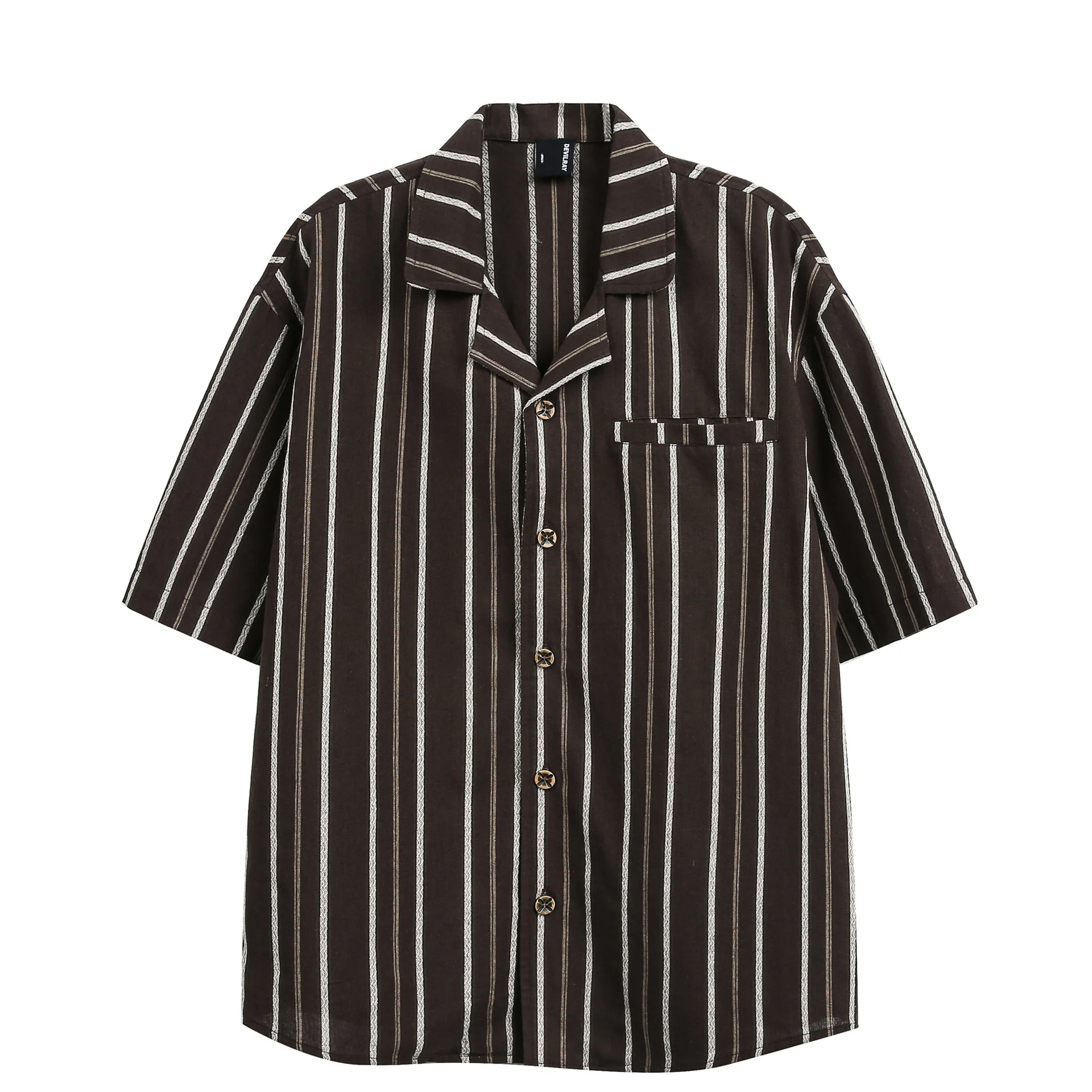 

2026 New Hawaiian Yuppie Vacation Style Maillard Striped Cuban Collar Short Sleeved Shirt Loose Five Quarter Sleeved Shirt