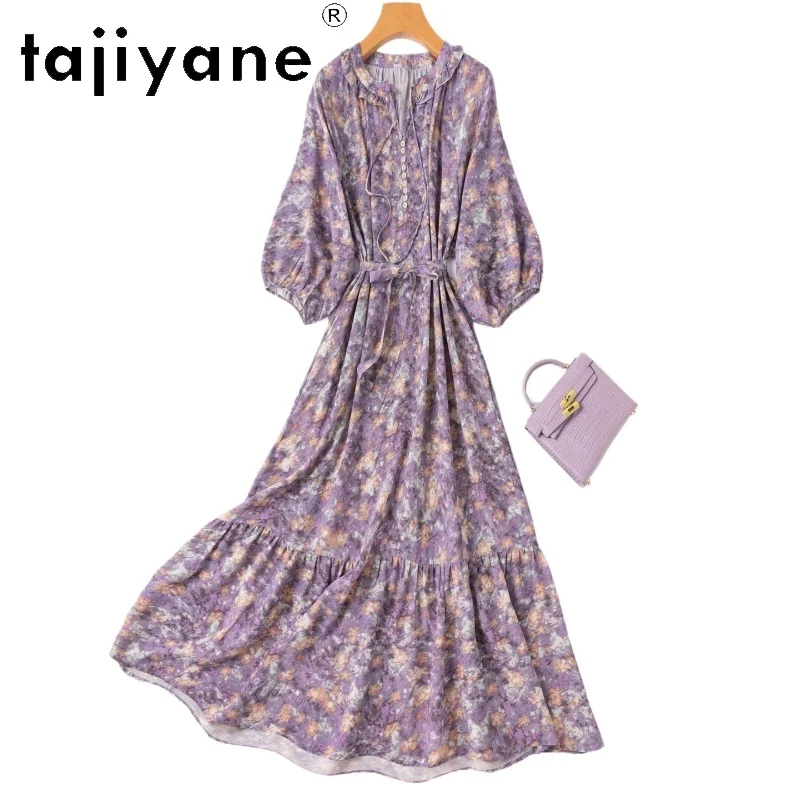 

TAJIYANE 100% Real Mulberry Silk Summer Dresses for Women Purple Floral Summer Dress Ruffled Long Frocks Woman Clothes 2026 원피스