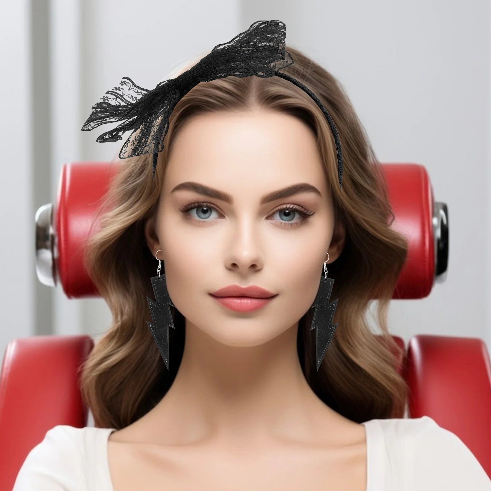 

Neon Lace Bow Headband Dainty Drop Earrings Set Women Halloween Neon Party Accessories Elegant Glow Retro Style Earrings