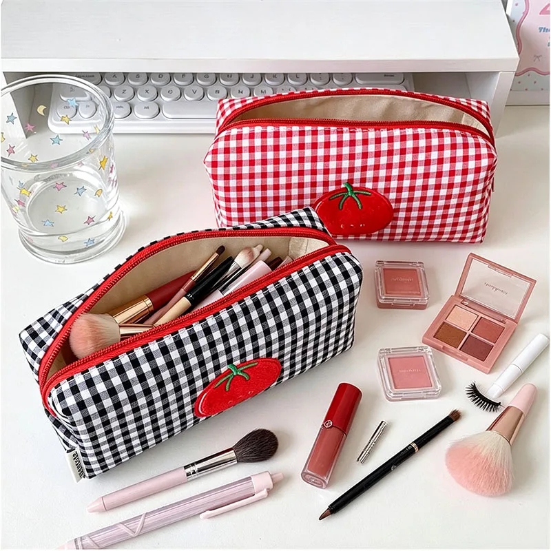 Tomato Embroidery Plaid Makeup Brushes Storage Bag Travel Comestic Tools Organizer for Makeup Brushes Lipstick Eyebrow Pencils