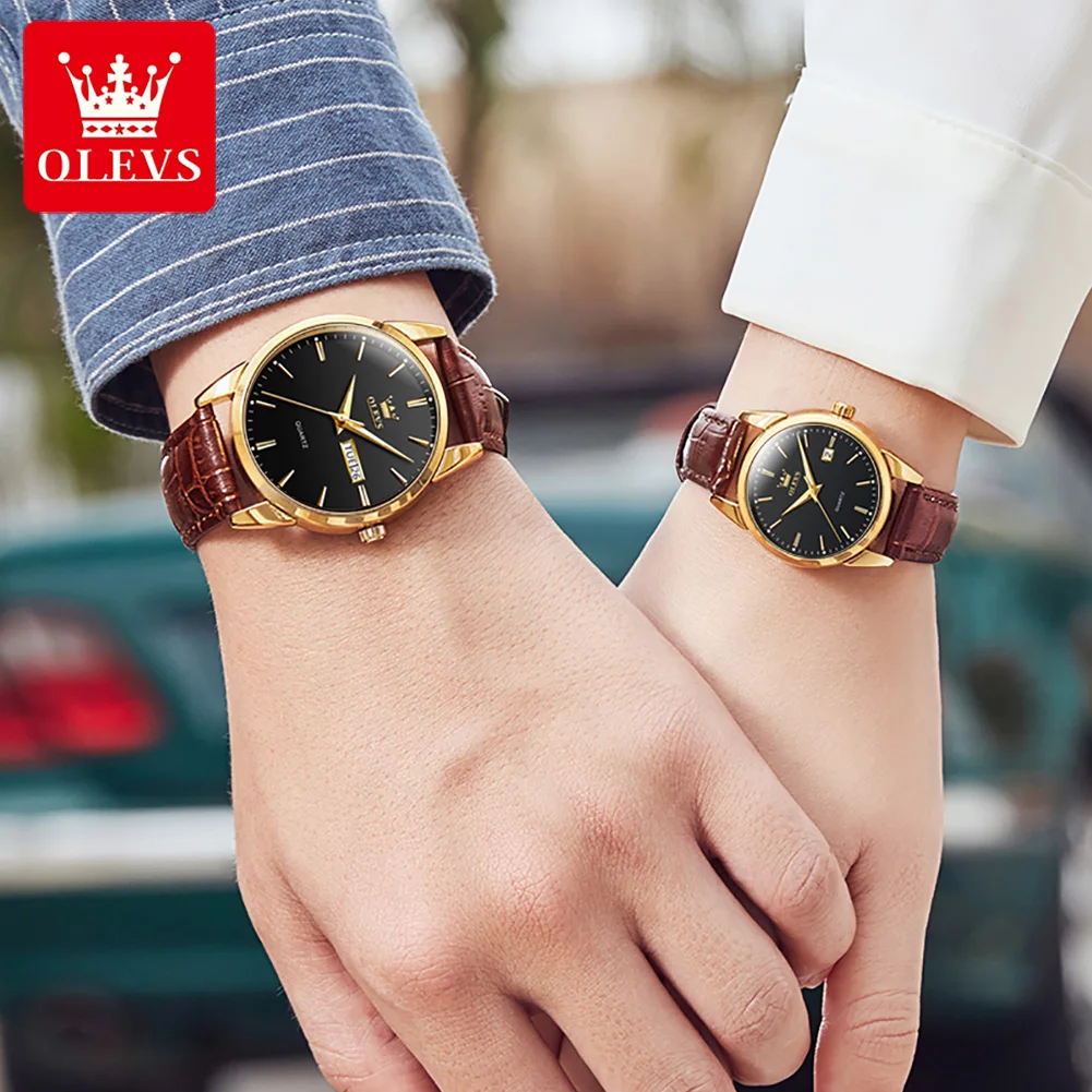 OLEVS-Casal impermeável relógios de pulso, requintado relógios Quartz, calendário luminoso, PU Strap, alta qualidade, moda, 6898