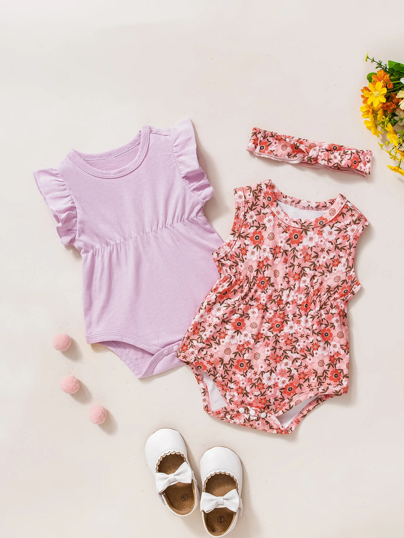 Adorable Pink Floral Baby Romper with Hairband Light Purple Lace Sweet Cute Style Baby Girl Outfit with Headband