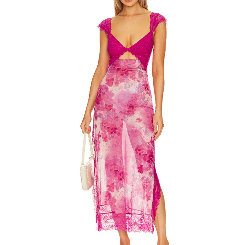 المرأة الأزهار المطبوعة المرقعة الدانتيل عارية الذراعين الصدرية الجبهة فستان طويل قطع سبليت الشاطئ عيد ميلاد مثير نادي فساتين السهرة الطرف