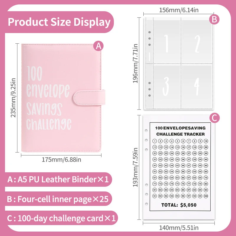 2024 100 Envelope Savings Challenge Laser A5 Loose-Leaf Binder Budget With Cash Envelopes Money Organizer Savings Book