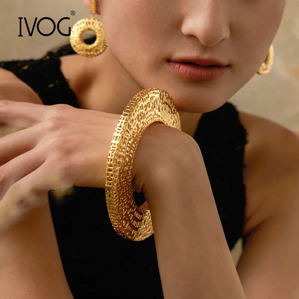IVOG Hollow Out Flat shape Design Bangle For Women Gold Color Elegance Bracelets Fashion Jewelry Official Flagship Store