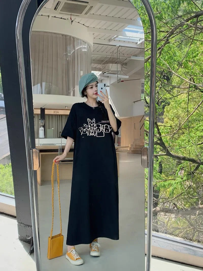 Lâche coréenne Sle T-shirt Dr Hong Kong Sle motif mignon conception mi-longue fente décontracté femmes Faion été Dr