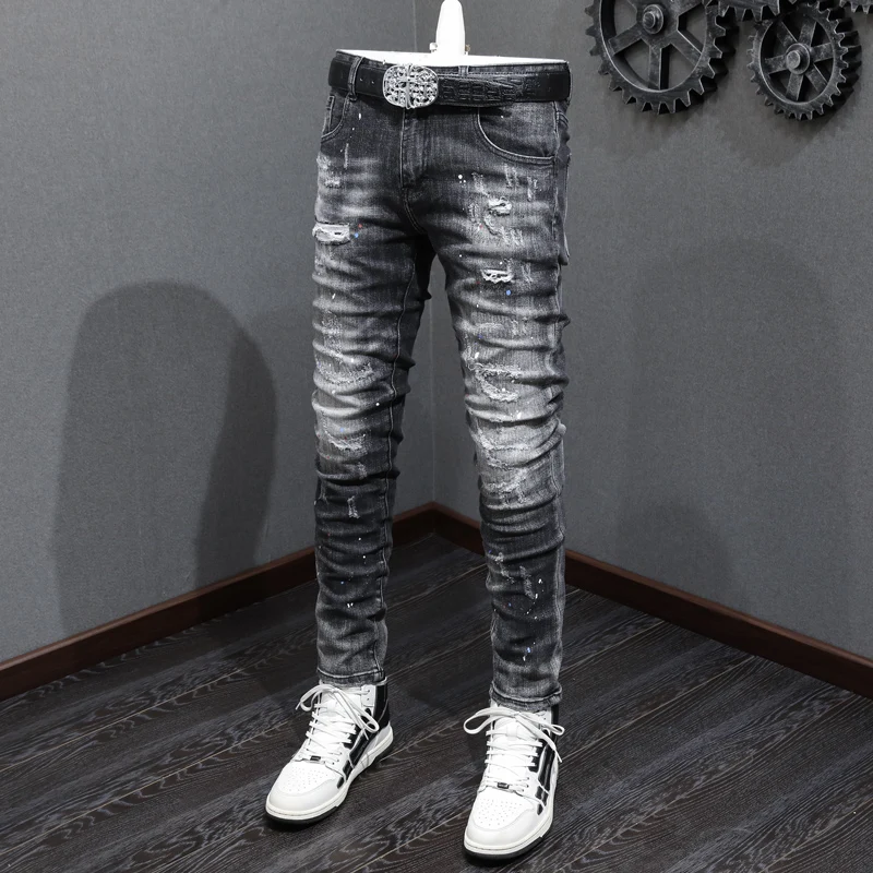 Street Fashion Men Jeans Retro Black Gray Elastic Slim Ripped Jeans Men Vintage Trousers Patched Painted Designer Hip Hop Pants