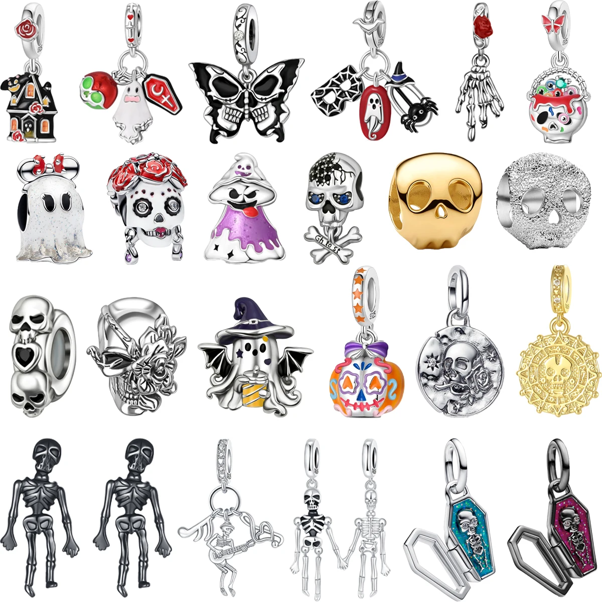 Original 925 Sterling Silver Blue Charms Halloween Skull Ghost Coffin Beads Pendants Fit Bracelet Necklace DIY Jewelry Gift