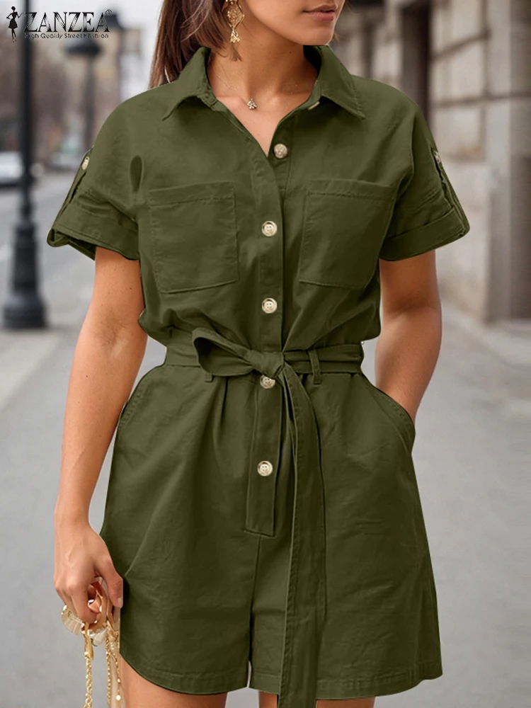 

ZANZEA Vintage Playsuits Summer Women Solid Color Rompers 2025 Fashion Short Sleeve Pockets Cargo Short Jumpsuits With Belted