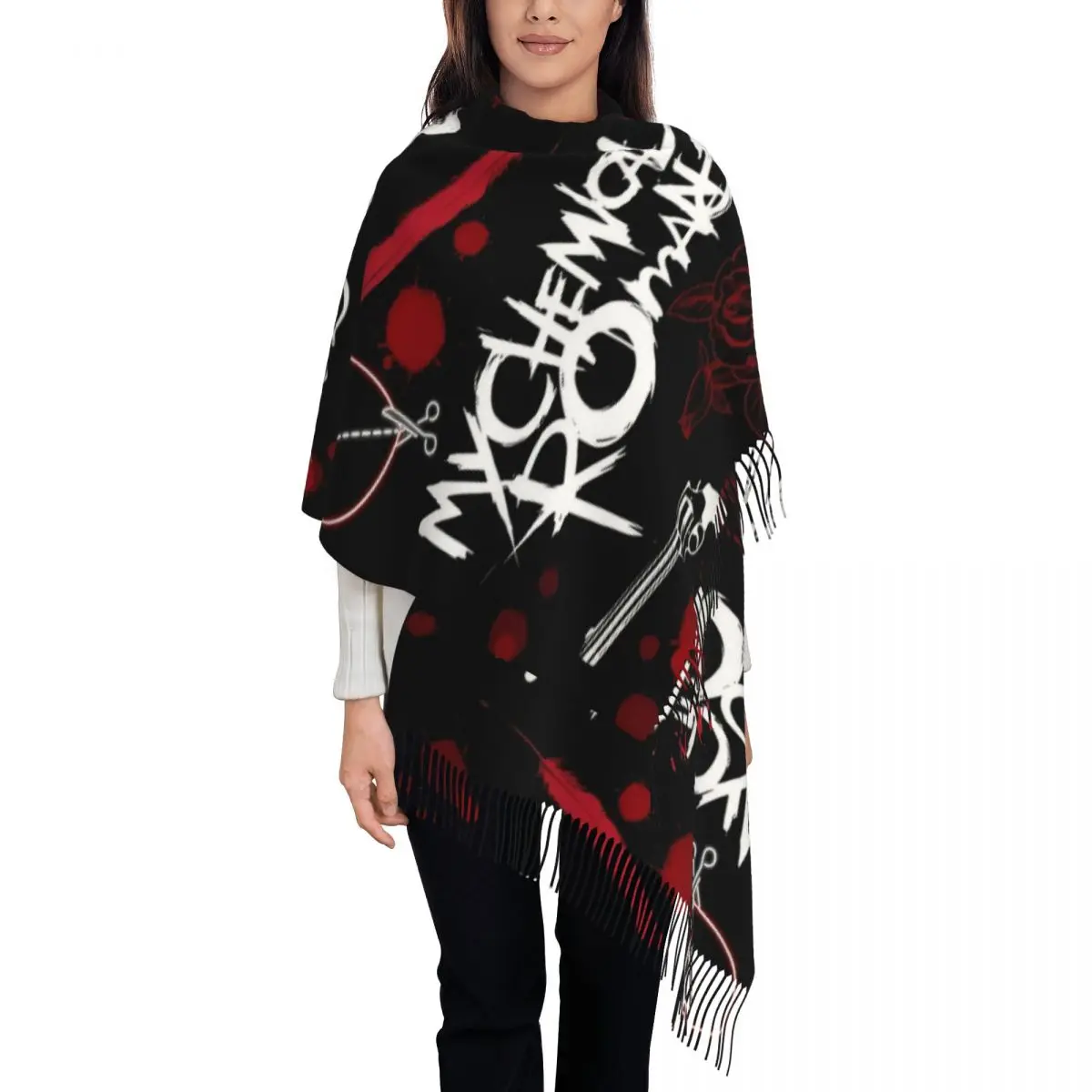 My Chemical Romance Music Band Shawl Wraps for Ladies Winter Warm Long Soft Scarf Punk Rock Pashminas Tassel Scarves