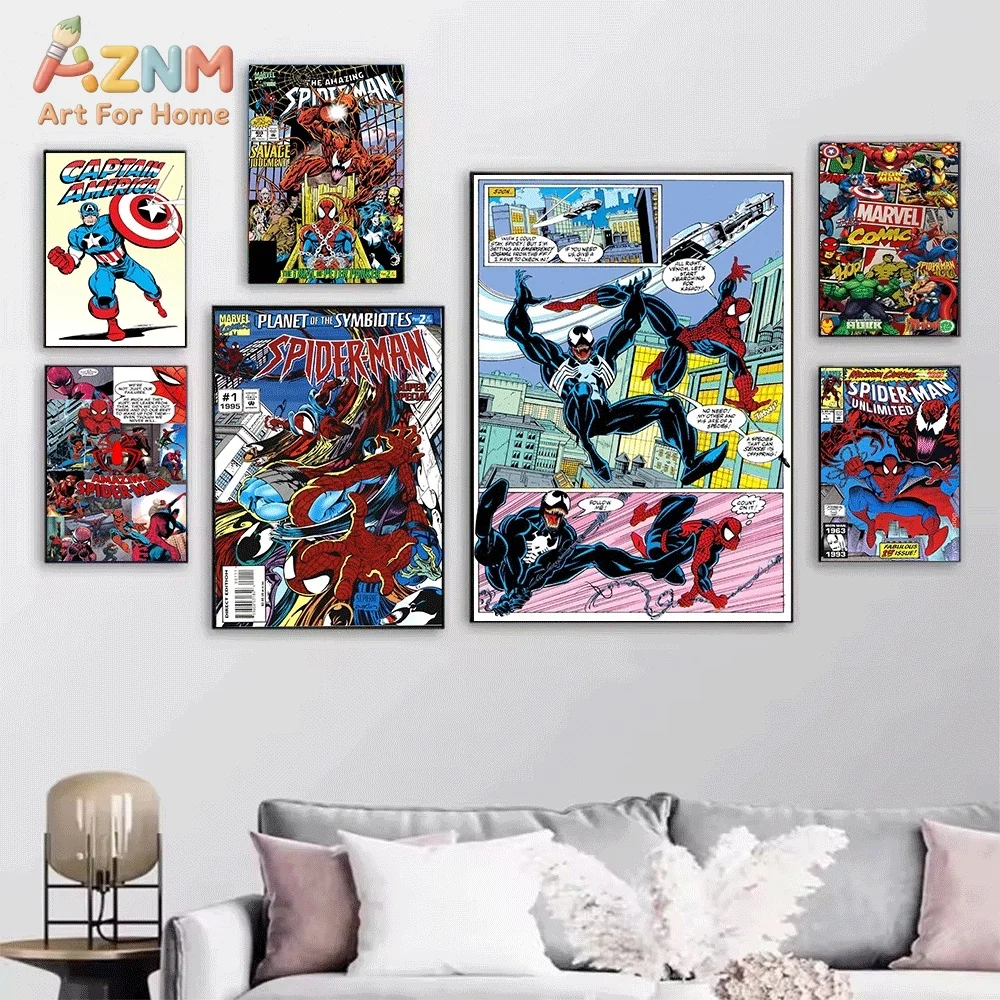 Spiderman Venom Captain America Superhero Canvas Wall Art Poster Vintage Marvel Comic Print Picture Home Bedroom Living Room W