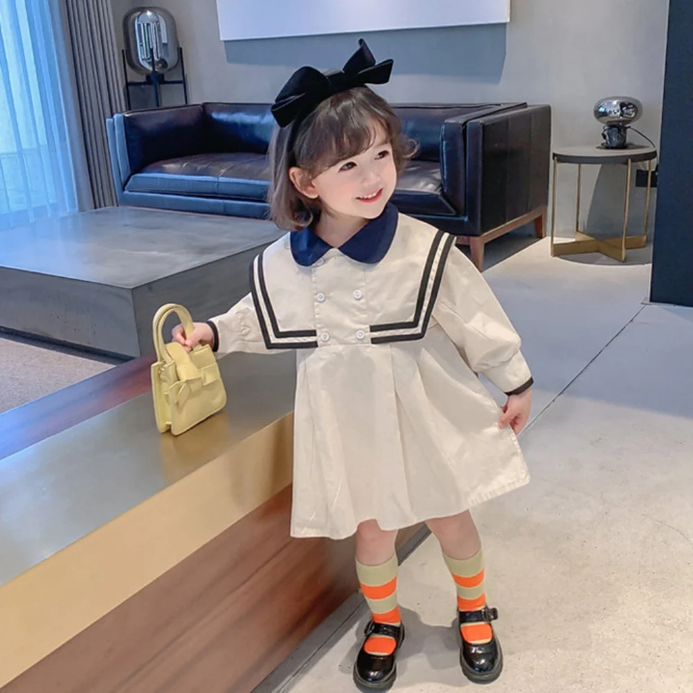 New Summer Spring Girls Dress British Style Solid Color Sailor Collar Dress Long-Sleeved Student School Dress Baby Kids Clothing