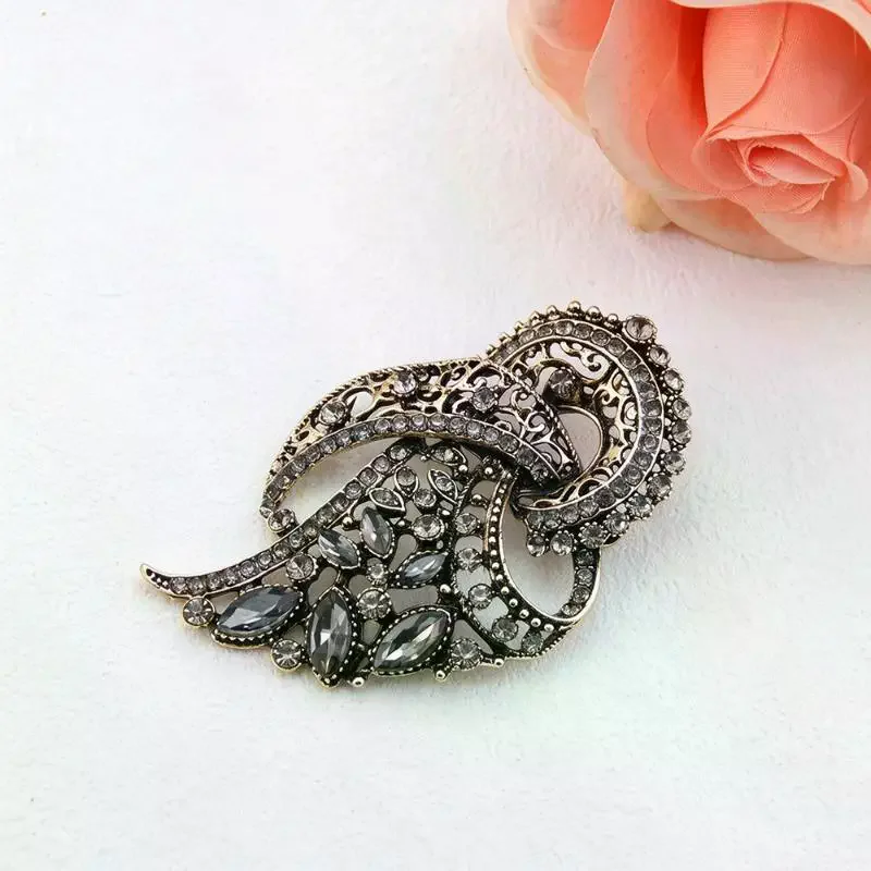 Vintage Gray Crystal Turkish Brooch, Antique Gold Hijab Lapel Pin, Bohemian Ethnic Jewelry for Scarf Dress Wedding Decor