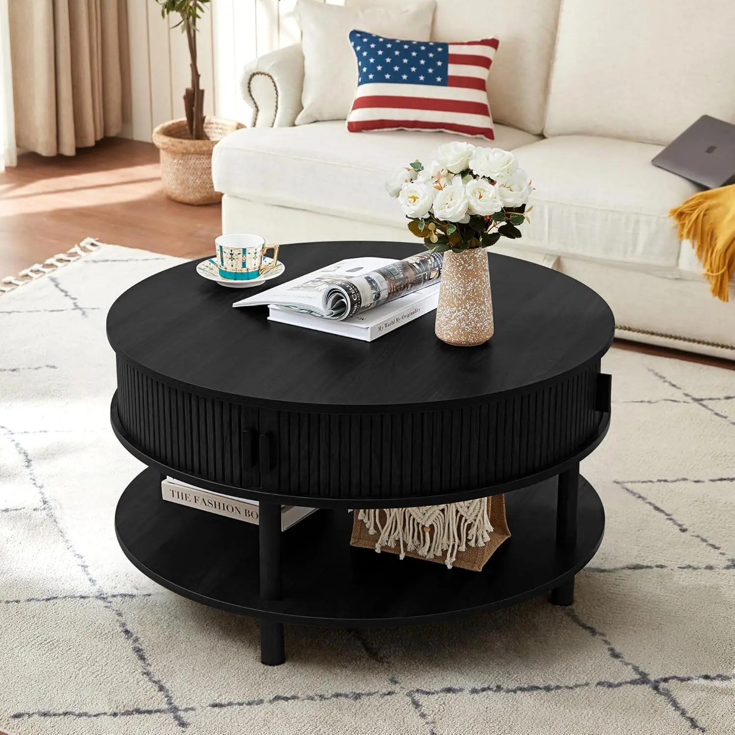 

31.5" Round Storage Coffee Table Wood Sliding Cabinet Fluted Accent Center Living Room Home Office Apartment Black, Customized