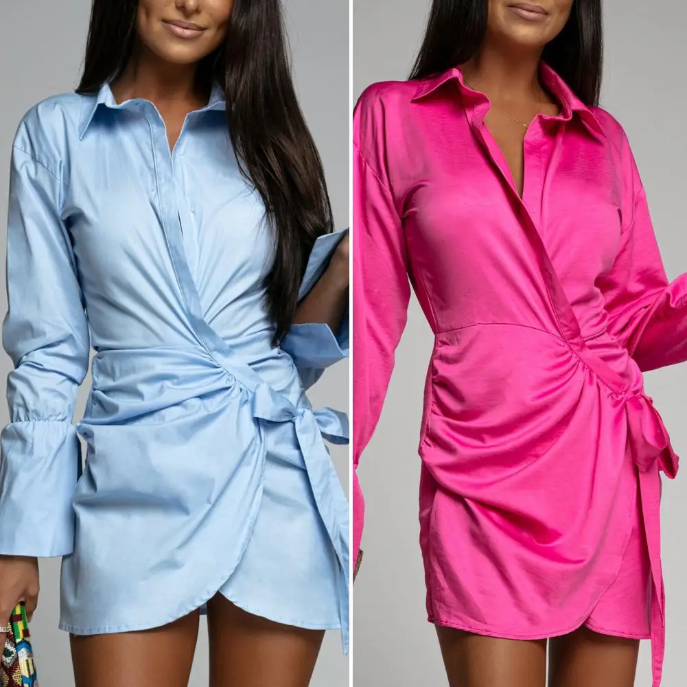 Dress New Side Fold Tie Up Miniskirt Elegant Commuter Dress Autumn Fashion Long Sleeve Solid V neck Shirt Dresses Mini