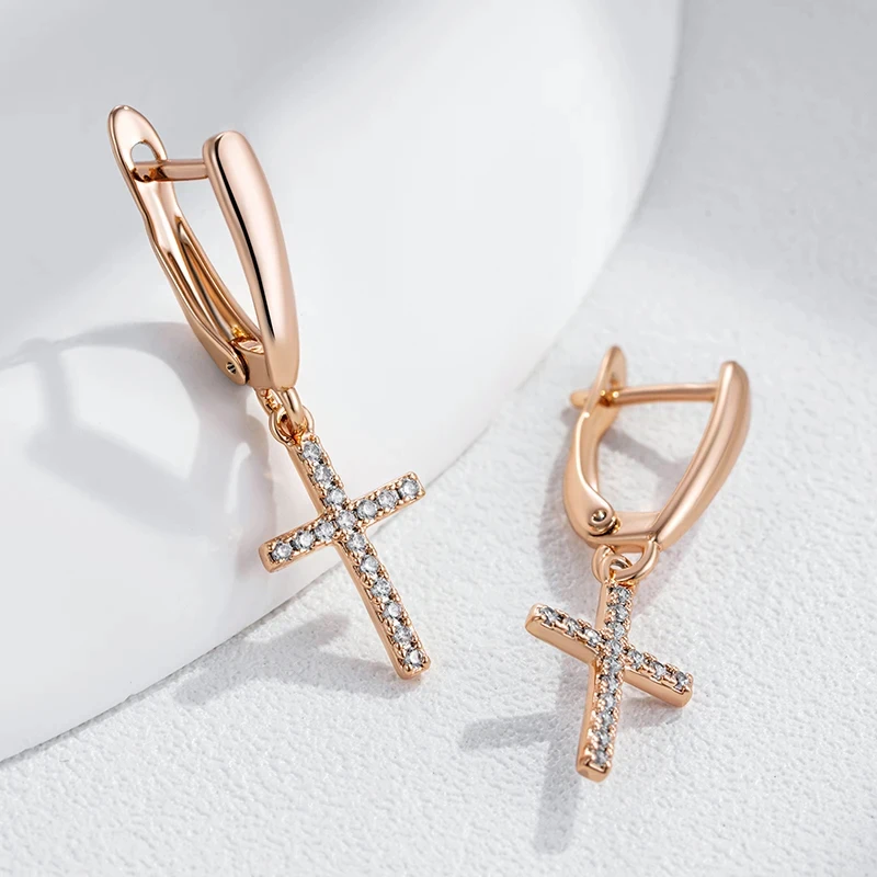 Wbmqda Simple Cross Drop Earrings For Women 585 Rose Gold Color With Natural Zircon High Quality Daily Jewelry Accessories