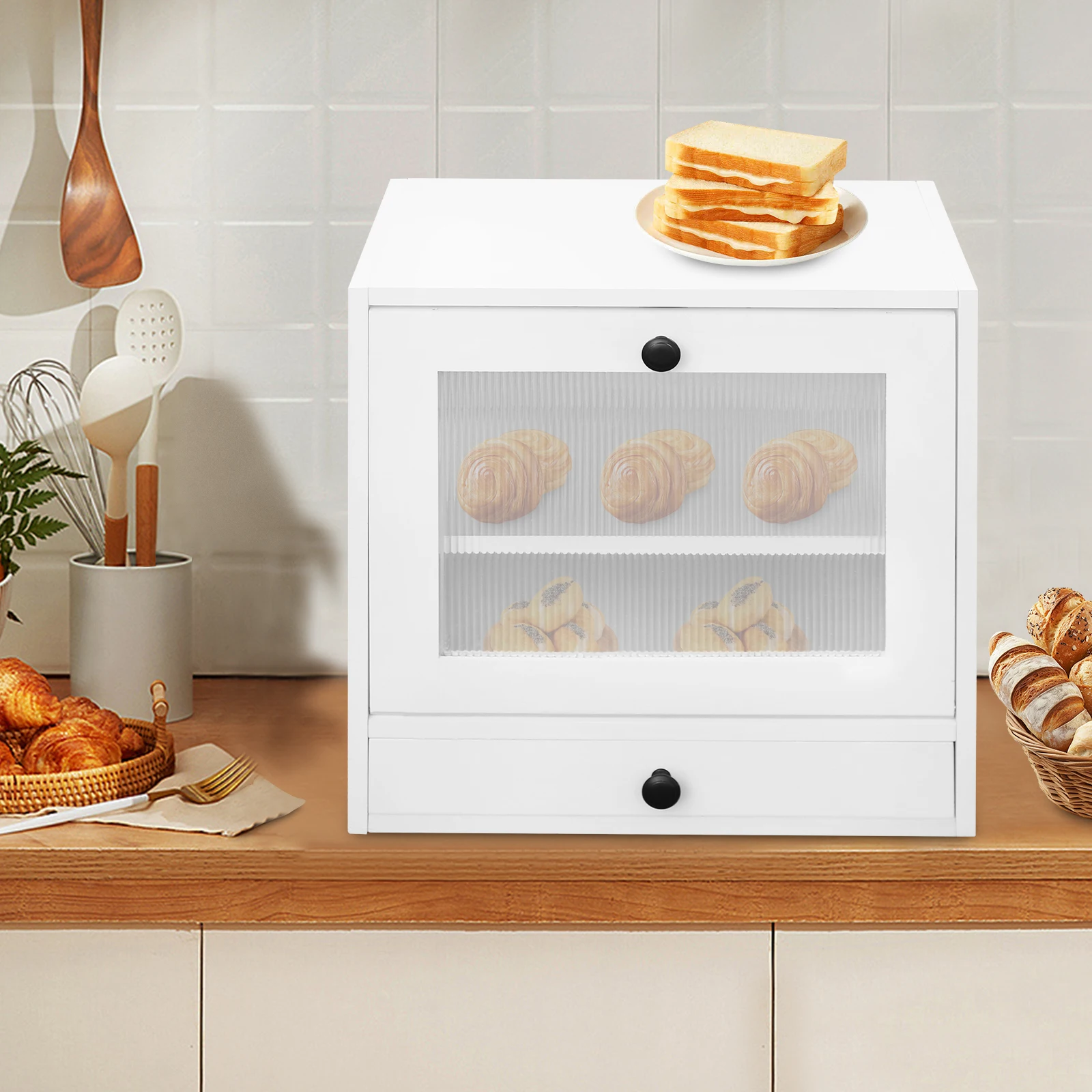 

White Pine Wood Bread Organizer,2 Layer Rectangle Wooden Bread Storage Breadbox Tabletop for Kitchen Countertop Corners