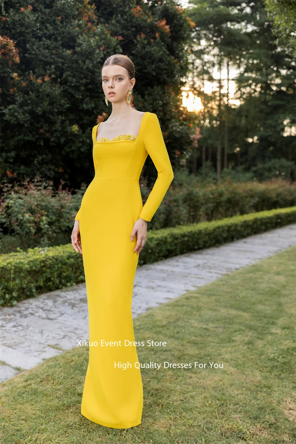 Xikuo فساتين سهرة من الساتان برقبة مربعة وأكمام طويلة رداء كوكتيل نسائي مطرز بالكريستال مناسب للحفلات الراقصة حسب الطلب #4