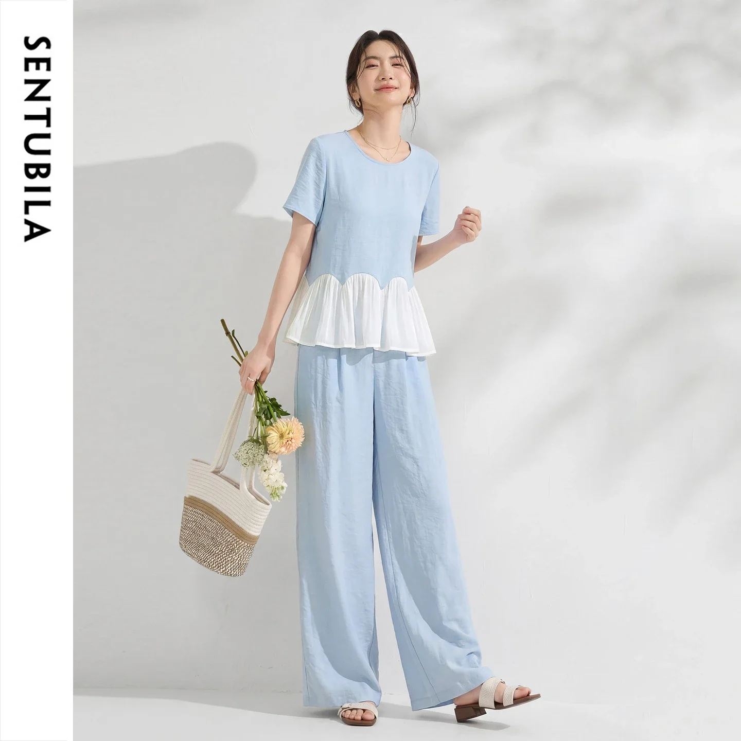 SENTUBILA 2026 Summer Linen Blend 2 Piece Set Woman Outfits Color Block Umbrella Hem Top High Waist Straight Leg Pants Q62ZA7392