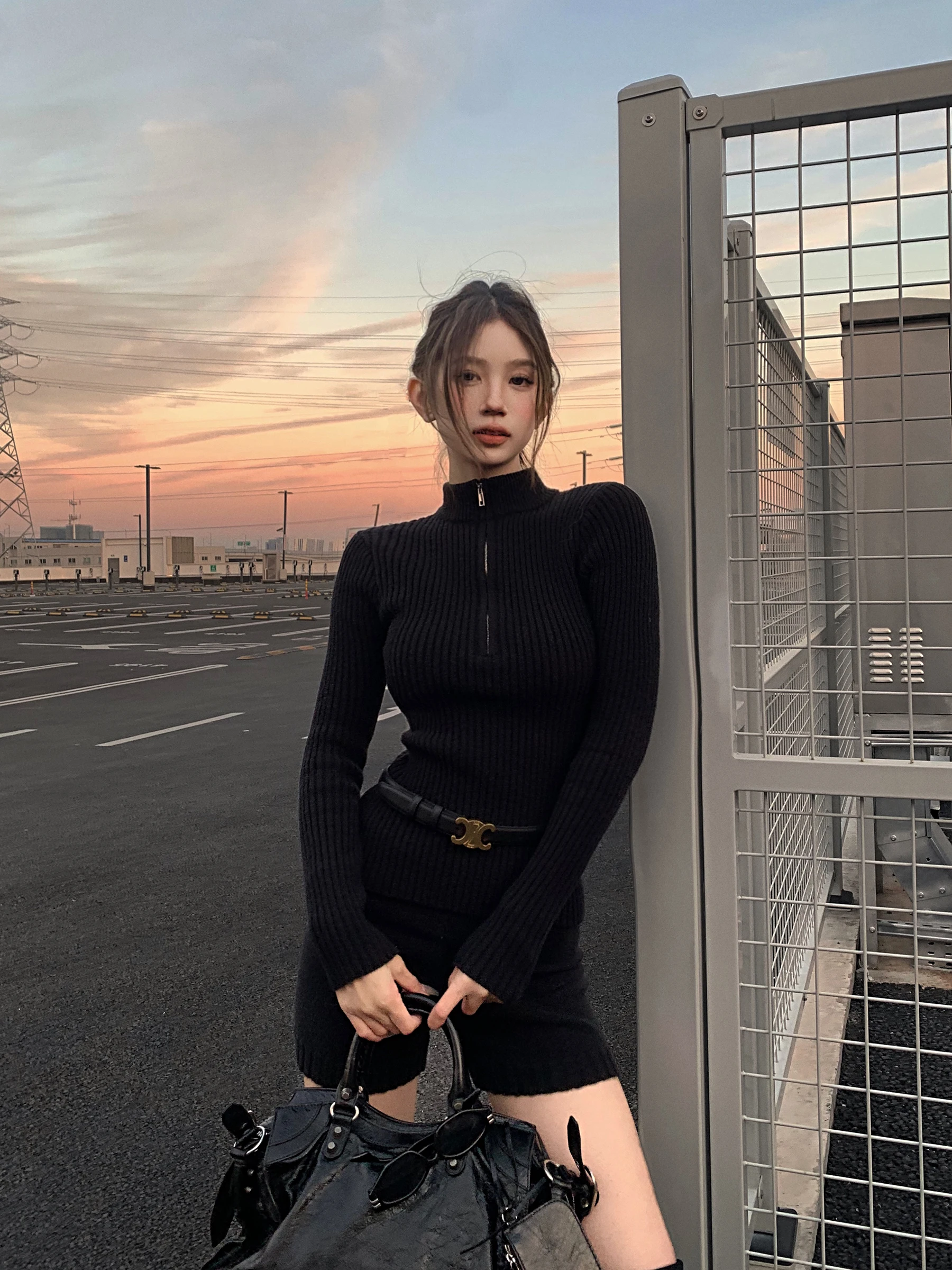 

Tongiiuu Stylish Knitted High Elasticity Stand Collar Sweater Women's Inner Wear Bottoming Shirt Short Pants Set Slimming Effect