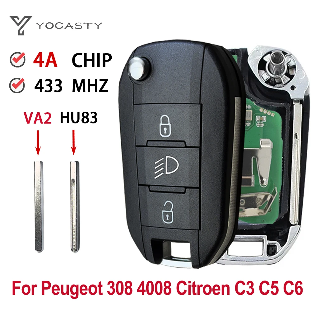 

YOCASTY для Peugeot 308 4008 для Citroen C3 C5 C6 откидной дистанционный складной ключ от автомобиля 433 МГц кнопки лампы 4A чип 433 МГц