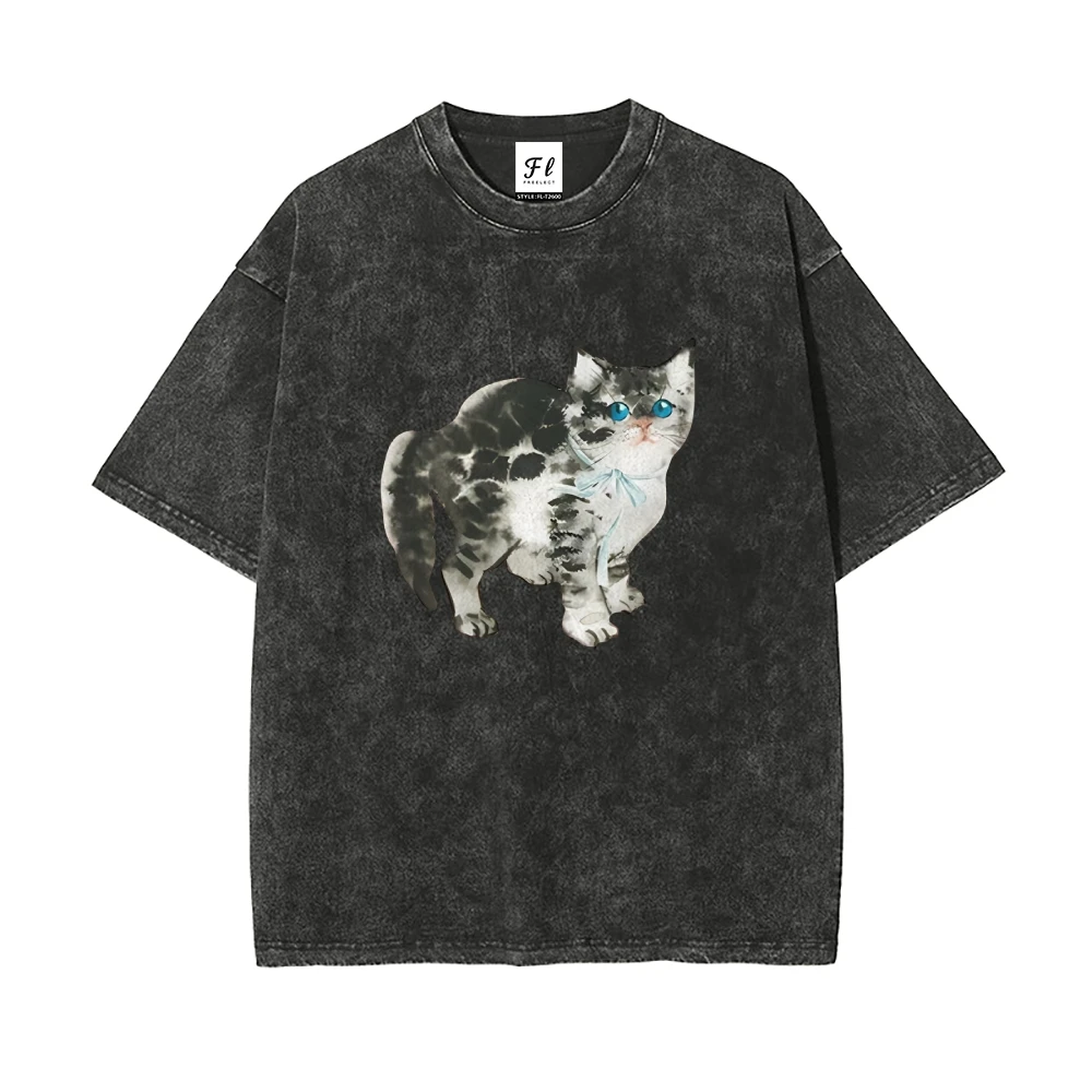 Camiseta de dibujos animados para hombres y mujeres, nueva camiseta informal de manga corta con estampado lavado de gato de verano, ropa de cuello redondo para hombres y mujeres