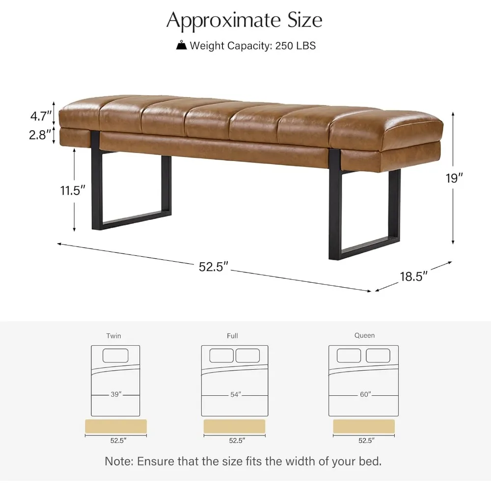 Banco de entrada de couro sintético de 53", banco de cama capitoné com botões, otomano para quarto, sala de estar com base de metal
