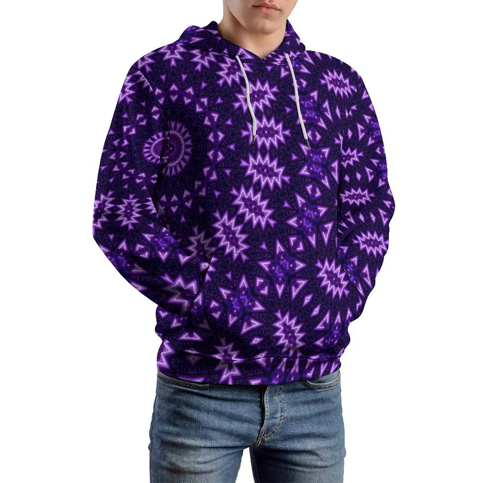 Neon Mandala Loose Hoodies Geometric Flower Funny Pullover Hoodie Male Long Sleeve Oversized Streetwear Pattern Top