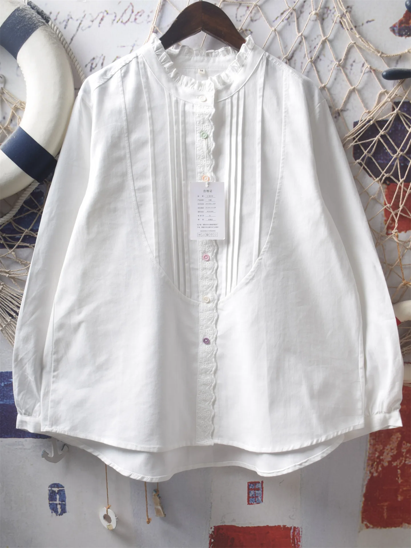 

Ready Stock] High Quality Women 100% Cotton Yarn Blouse Shirt Soft Girl French Romantic Rainbow Button Fungus Rim Top