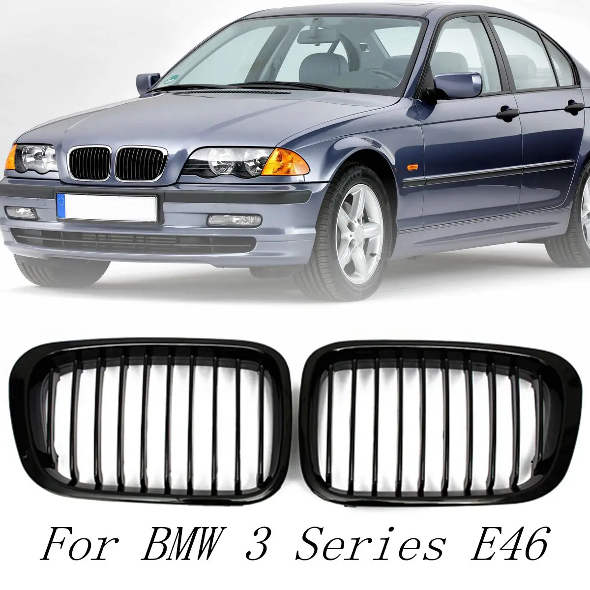 NEW Pair Gloss Black Car Front Kidney Grill Grilles For BMW E46 3 Series 4 Door Sedan 1998 1999 2000 2001