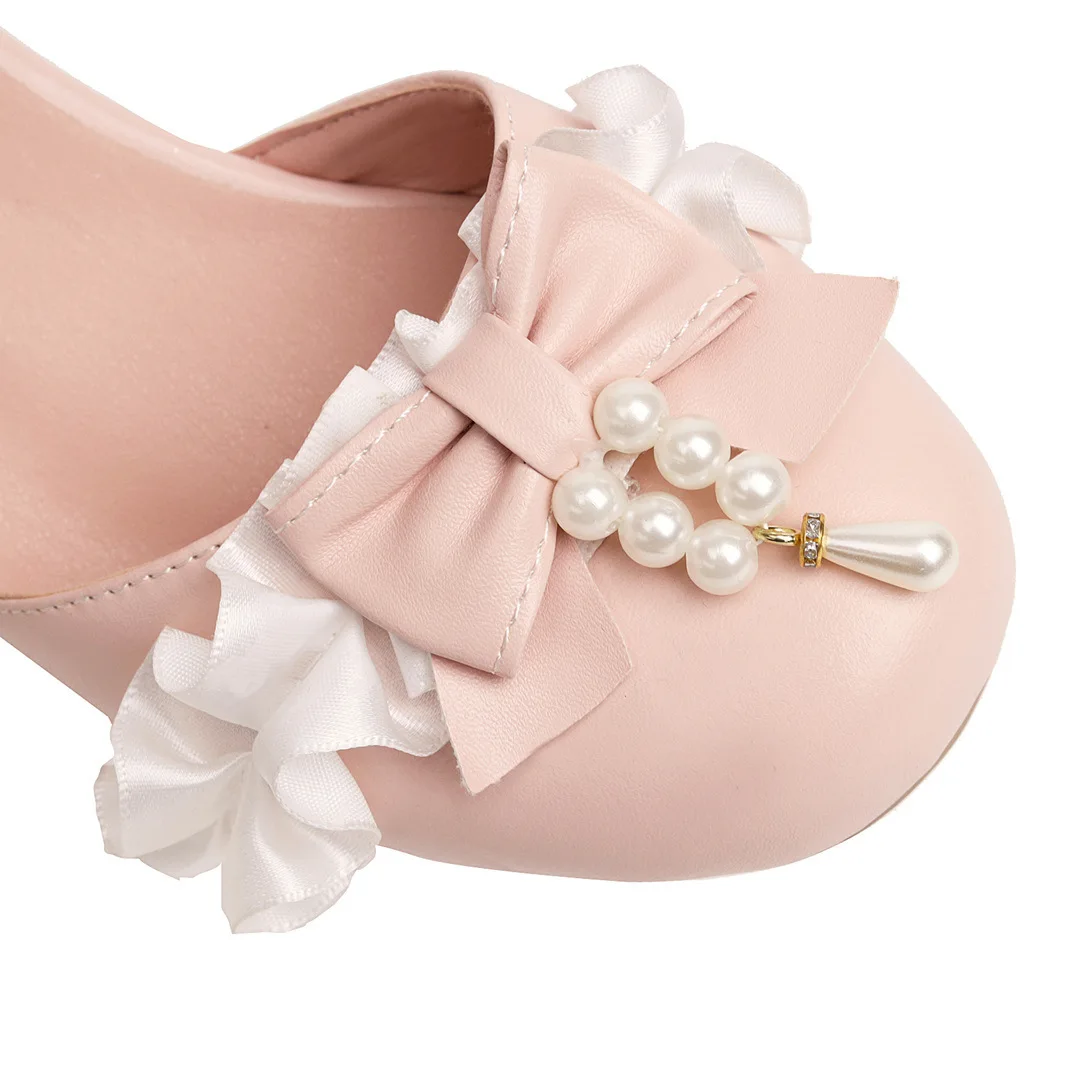 Lolita Girls Mary Janes Shoes Sandals Bowknot Princess Ruffles Sweet Bride Wedding Party Dress Pumps Cosplay Pink Plus Size30-48