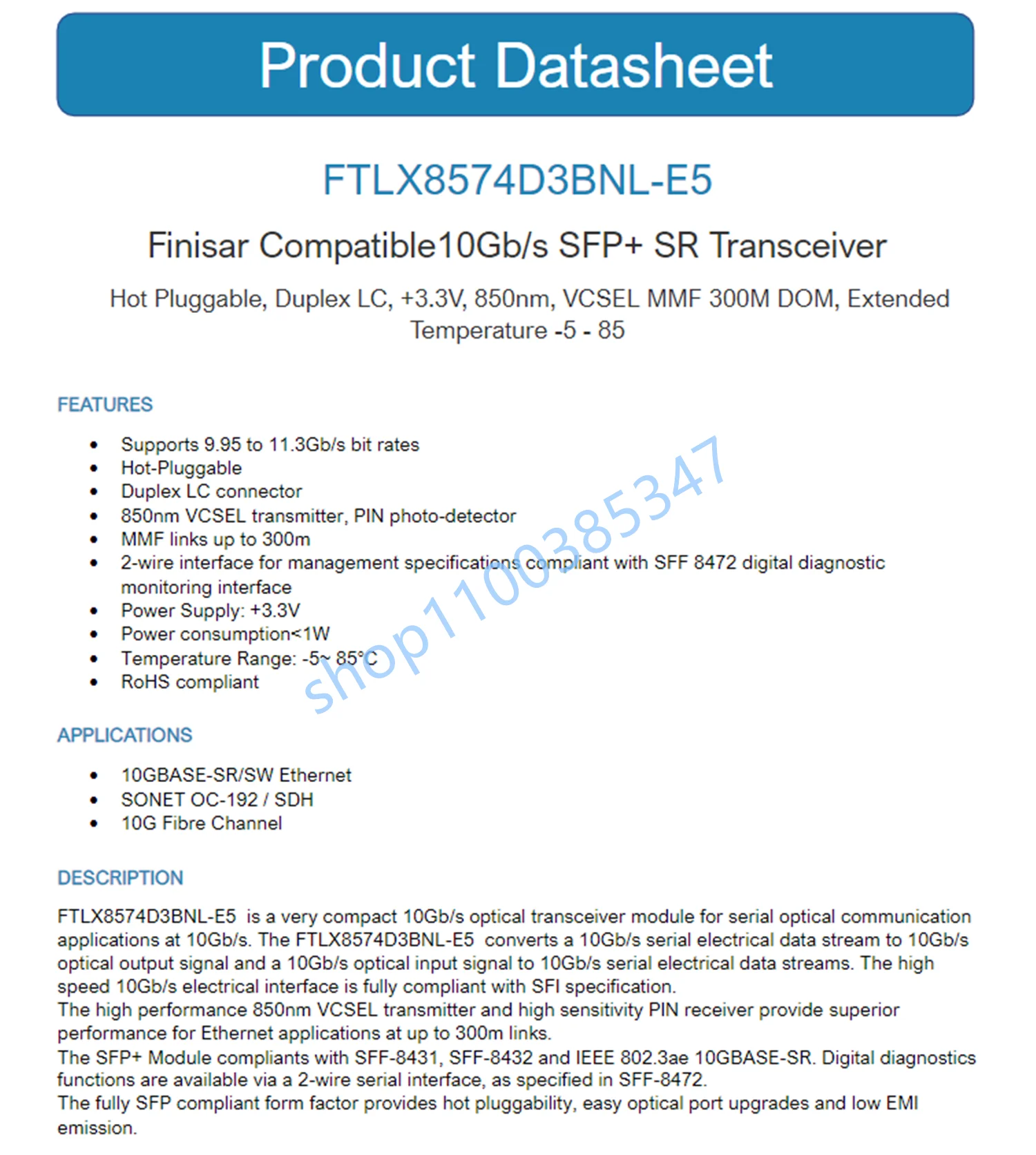 Finisar 10G FC SFP+ FTLX8574D3BNL-E5 EMC 019-078-041 850nm 10GBase-SR SFP+ Transceivers/10G optical fiber