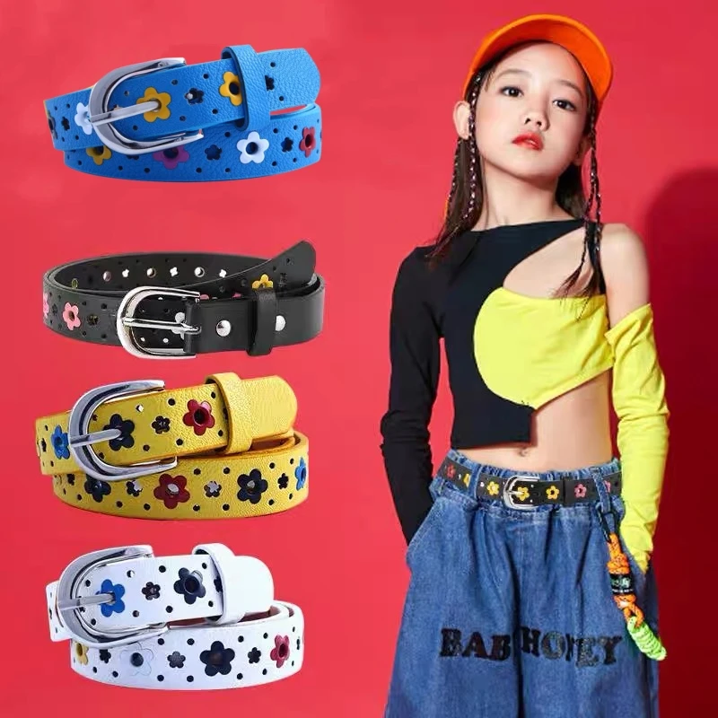 Child Hollow Flower Waistband Kids Cute Silver Buckle Belt Faux Leather Waist Belts Colorful Floral Apparel Belts Accessories