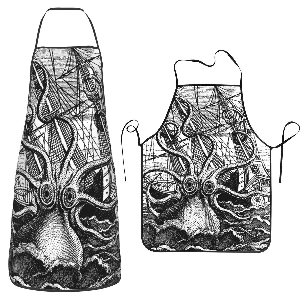 Vintage Kraken Attacking Ship Illustration Apron Chef Cuisine Tablier Bib Kitchen Cleaning Pinafore for Women Men Gardening