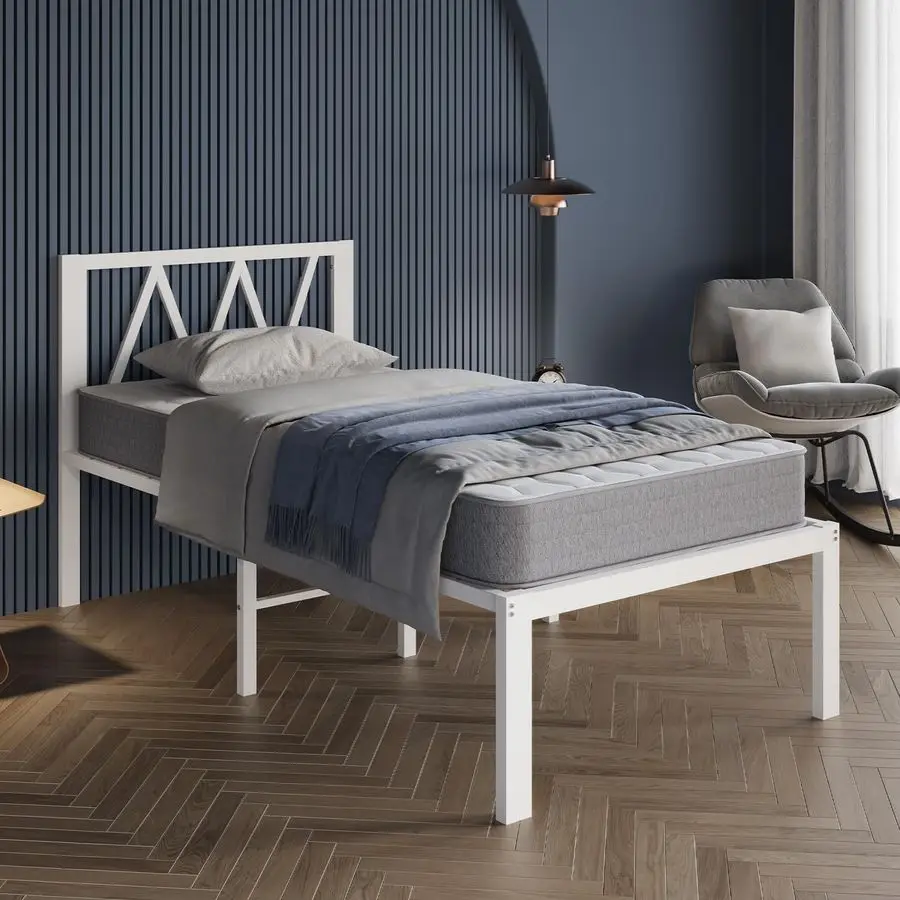 

Twin Size Bed Frame with Headboard 18 Inch White Metal Platform 75.98"L x 39.06"W x 41.54"H No Box Spring Easy Assembly
