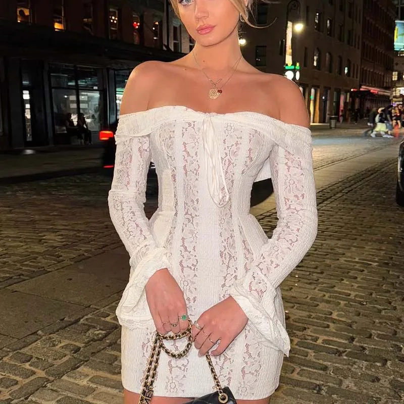 

YENKYE Sexy Off Shoulder Lace Dress For Women Long Sleeve Bodycon Mini Dresses Party Vestidos