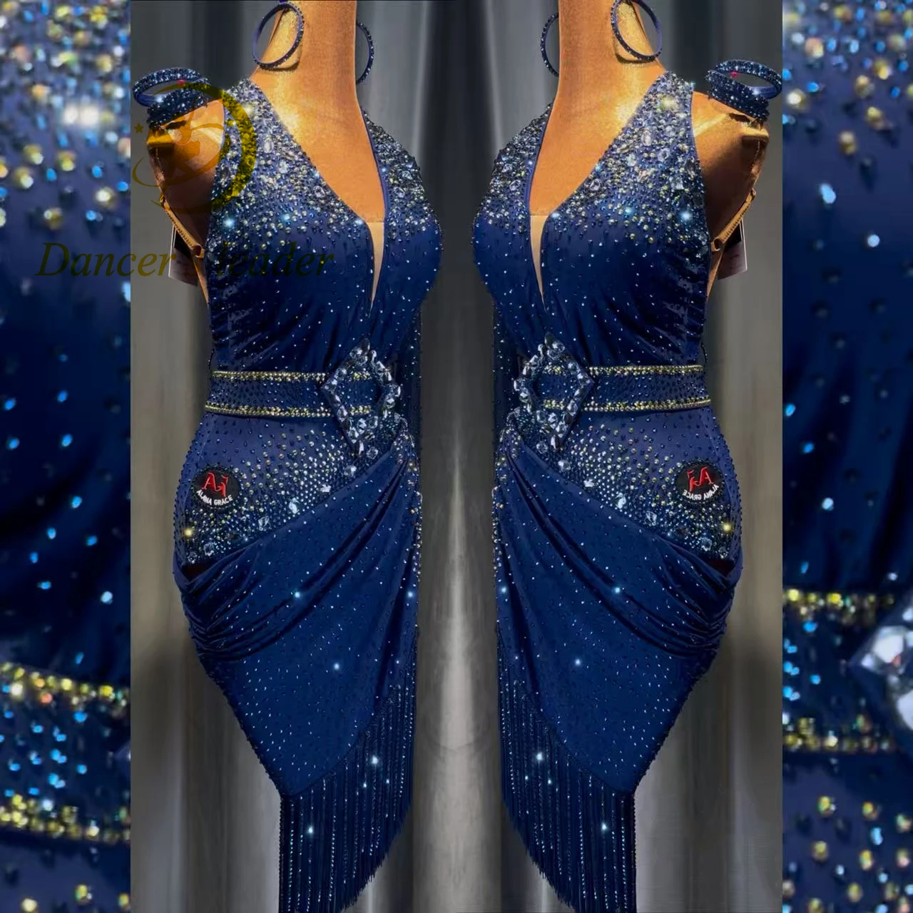 Baile latino AB Stone mujer adultos niños alta gama personalizado tesoro azul falda hueca negro piscina Samba vestido de actuación